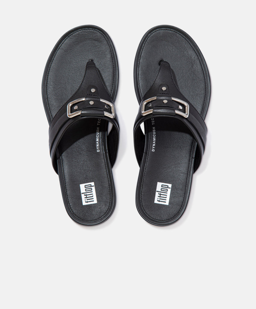 FitFlop Gracie Stud-Buckle Leather Toe-Post All Black Sandals | Free ...